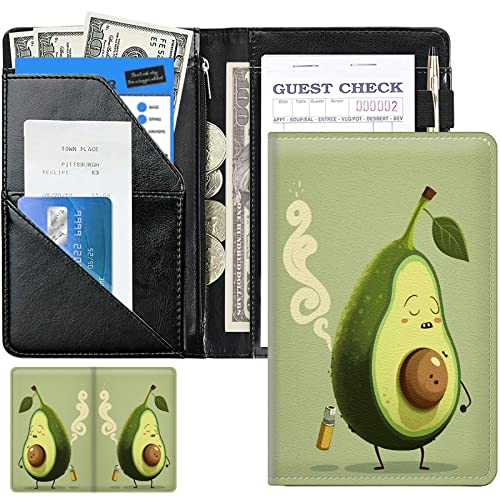 Avocado FUUNY Cute Server Books for Waitress, Leather Waiter Book Server Wallet with Zipper Money Pocket, Waitress Ticket Book Holder Restaurant Waitstaff Organizer with Pen Holder Fit