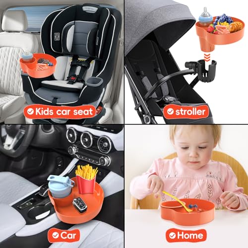 Image of [2 Packs] Kids Car Seat Tray, Travel Tray with Cup Holder for Toddler Baby, Kids Car Seat Food Snack Organizer for Road Trip, Stroller snack Organizer Travel Must Haves Toddler Must Haves (Orange)