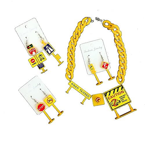 Funny Acrylic Simulation Earrings Traffic Construction Road Signs Barricade Childlike Earrings Funny Hip Hop Ear Clip Personalized Necklace Set