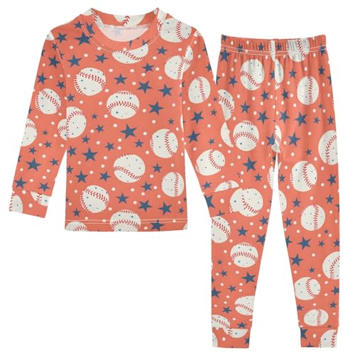 Baseballs with Stars Red Pattern Cute Pajama Sets Long Sleeve Top and Pants, Snug Fit Sleepwear for Night Wears