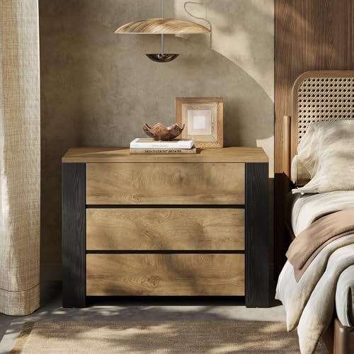 Image of Tribesigns 36 inch Wide Nightstand Set of 2, Oversized Night Stand with 3 Drawers, Extra Large Nightstand Bedside Table for Bedroom, Farmhouse Side End Table with Storage, Wood Color