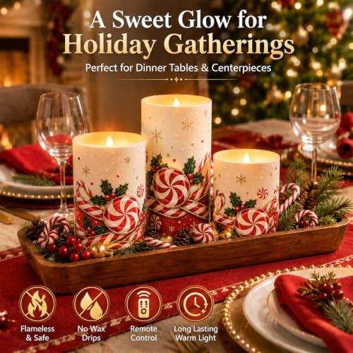 Image of Tujoe 3 Pcs Christmas Candy Cane Flameless Candle LED Battery Pillar Candle