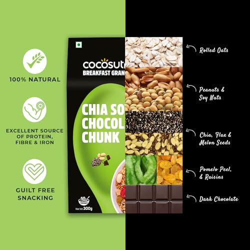 Image of Cocosutra Chia Soya Chocolate Chunk Breakfast Granola - 300 g | 100% Natural, Vegan & Gluten Free | High Protein Cereal with Oats, Nuts, Seeds and Dry Fruits | Lightly sweetened with Jaggery