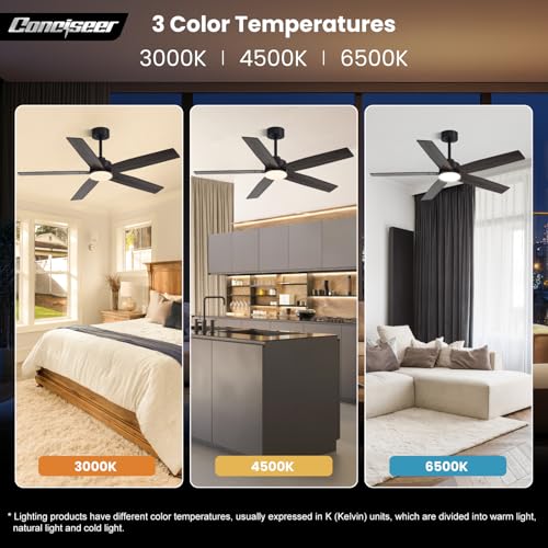 Image of Modern 52 Inch Ceiling Fans with Lights and Remote for Bedroom Living Room Kitchen Home Office Indoor /Outdoor, 18W 3CCT Dual Color 5 Blades 6 Speed Reversible Quiet DC Motor, Black /Wood Grain