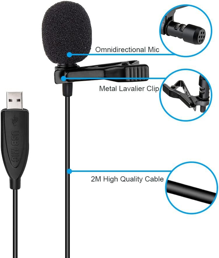 Fyvadio USB Lavalier Microphone, 6.6ft USB Microphone Plug & Play Omnidirectional Lapel Shirt Collar Clip on Mic for PC, Computer, Mac, Laptop, YouTube, Skype, Recording, Podcasting, Gaming