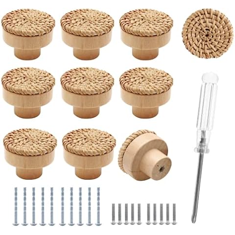 Biaungdo 1.57inch/40mm Rattan Drawer Knobs, 10 Pcs Boho Rattan Dresser Knobs Wooden Handmade Wicker Woven Cabinet Knobs Handles Furniture Hardware with Screws & Screwdriver(Natural) Cover