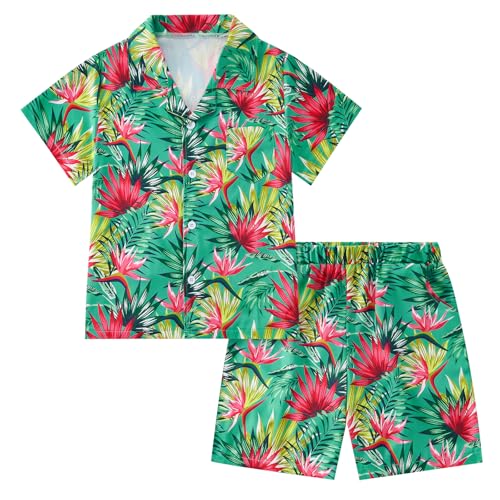 Image of Weixinbuy Boys Summer Outfits Short Sleeve Hawaiian Shirt and Shorts Vacation Set for Kids Summer Clothes Set