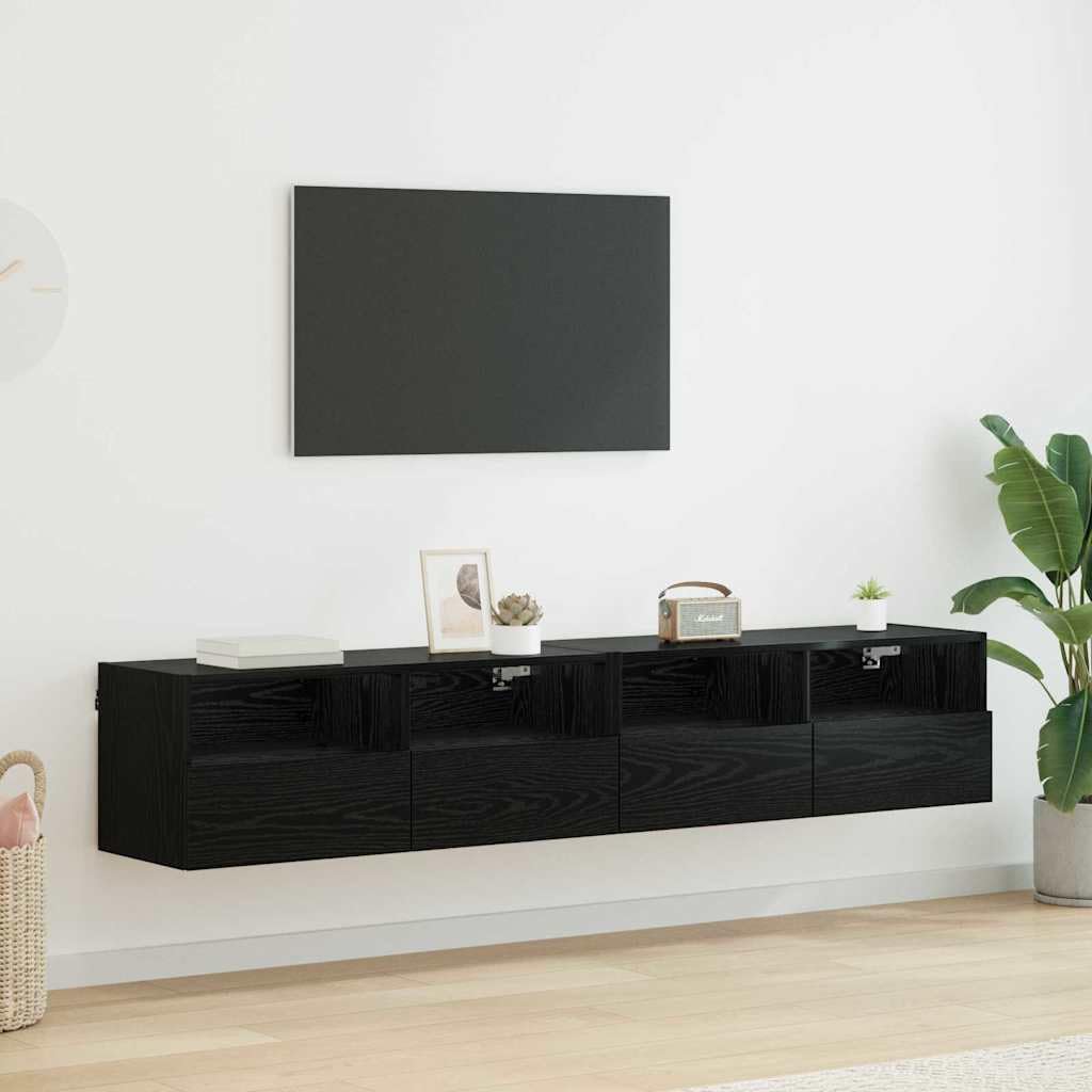 Regały ścienne do telewizora, zestaw 2 sztuk, wygląd czarnego dębu, 80 x 30 x 30 cm, pływający regał na media, do salonu, wytrzymały materiał drewnopochodny, zajmujący mało miejsca uchwyt na