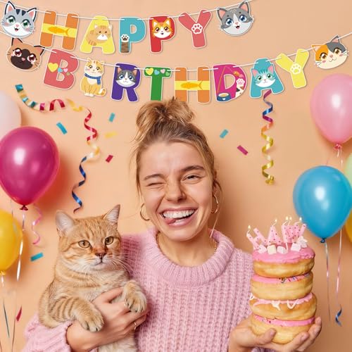 Image of Super Cat Birthday Decorations Cat Themed Happy Birthday Banner Cartoon Cute Cat Paw Print Happy Birthday Decor for Kids Boys Girls Adults and Pets Baby Shower Party Supplies