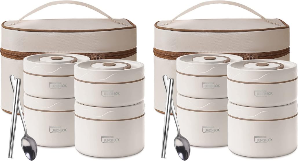 daiDokoro Stainless Steel 4 Insulated Container Lunch Box Set with Thermal Bag & Cutlery for Students/Office/College/Picnic - (Beige, 1940 ML, Pack of 2)