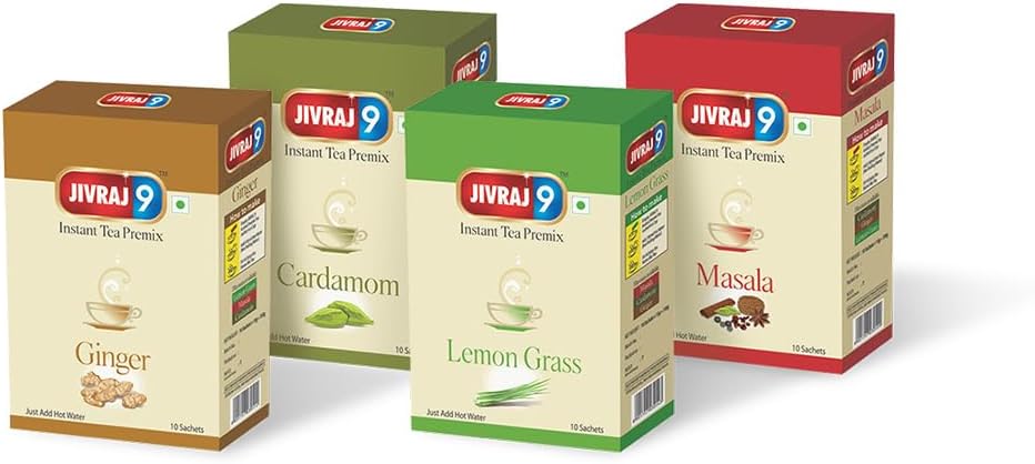 - Instant Tea Premix Sachets Combo, 4 Flavours - Ginger, Cardamom, Masala, Lemongrass, Each 10 Sachets, Pack Of 4, 150 Gram