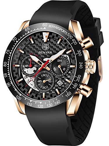 BENYAR Fashion Men's Quartz Chronograph Waterproof Silicone Watches Business Casual Sport Design Wrist Watch for Men Perfect for Father Son Black Blue Rose Gold (BY5175R Rose Gold Black)