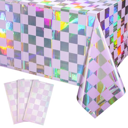 Image of FunnyPars 3Pack Iridescent Checkered and Purple Plastic Tablecloths Shiny Disposable Laser Rectangle Table Covers Foil Tablecloth Iridescent Party Decorations Birthday Bridal Baby Shower, 54x108Inch