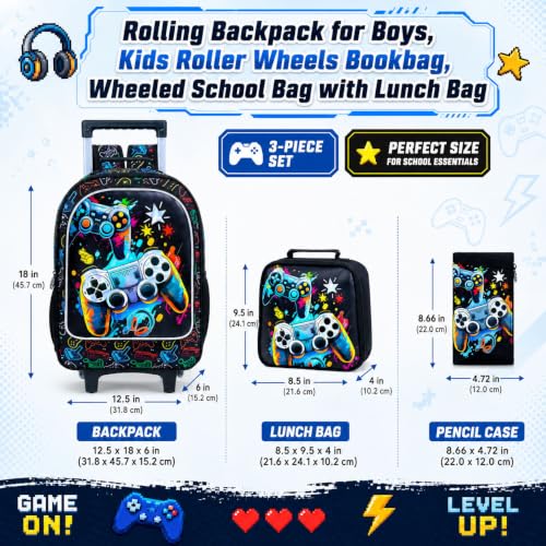 UFNDC 3PCS Boys Rolling Backpack, Cute Game Wheeled Bookbag，Roller School Bag with Wheels for Elementary Preschool Travel by UFNDC - Used condition - Image 4