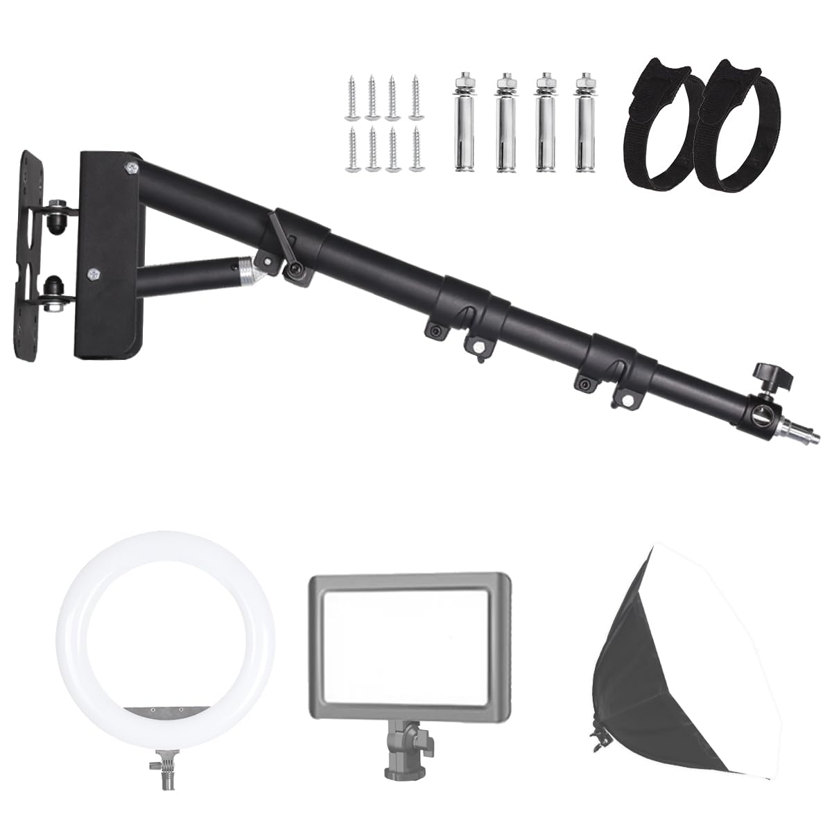 Bras de Suspension Triangulaire Mural 110 cm, Flexible à 180 Degrés de Rotation, Support Mural pour Anneau Lumineux pour Lumière Vidéo de Studio, Flash, Photographie, Softbox, Réflecteur