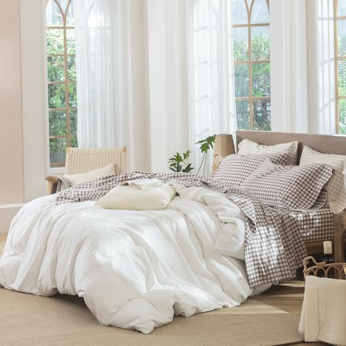 Image of MooMee Gingham Sheet Set 100% Washed Cotton Linen Like Textured Breathable Soft w /Fully Elasticized 16-19 inch Deep Pocket (Classic Gingham Brown, Queen)