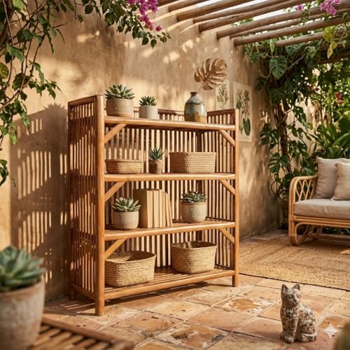 Image of CANE CRAFTS Wooden Shelf Bamboo 4-Tier Kitchen Organizer Shoes & Slippers Rack Books Shelves Planter Stand