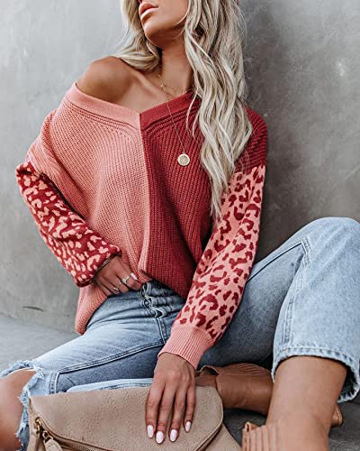 Image of ANCAPELION Women's V Neck Sweater Pullover Leopard Long Sleeve Basic Color Block Jumper Casual Knitted Tops