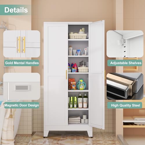 Image of Metal Pantry Cabinet with 2 Doors and 5 Adjustable Shelves, 75 inchKitchen Storage cabinets with Gold Handles, Versatile Storage for Laundry Room, Living Room, Bathroom, Dinning Room, Utility Room-White