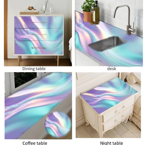 Image of Holographic Desktop Sticker 39.37x23.62In, Iridescent Wave Desk Decal, Easy Clean Table Surface Sticker, Aesthetic Futuristic Home Office Decor