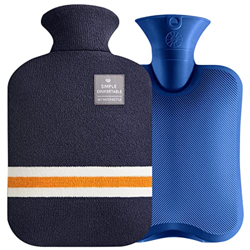 Ledeak Bouillotte eau Chaude, 2 Litres Bouillotte en Caoutchouc Naturel avec Housse Tricotée Douce pour Homme Femme Soulagement de la Douleur Dos Cou Épaules (Bleu Marine)
