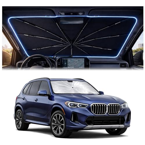 BONULI 2026 Upgraded Car Windshield Sun Shade Umbrella - Custom-Fit for BMW X5 2019-2026 Umbrella Sunshade Easy Install UV Protection & Heat Reflective Keep Interior Cooler with Storage Bag