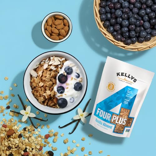 Image of Kellys Four Plus Granola Cereal | Vanilla Almond Healthy Granola for Yogurt | Hand Made Organic Snacks for Breakfast - 12 oz (Pack of 6)