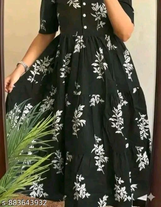 Image of Women's Rayon A-Line Midi Dress, Floral Print, Short Sleeves, Tiered Design, Round Neck, Summer Wear