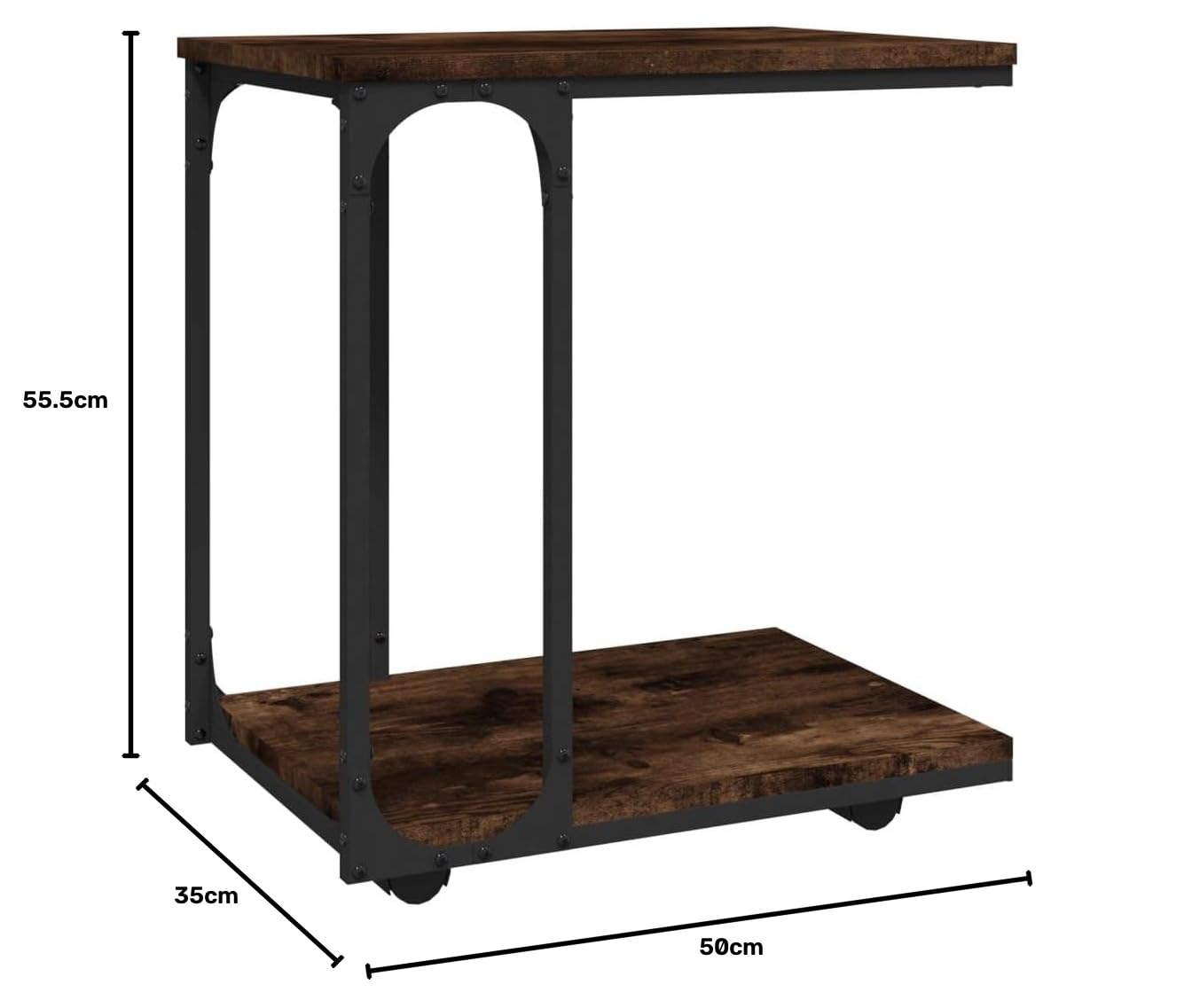 Mesa auxiliar con ruedas, roble ahumado, 50 x 35 x 55,5 cm, diseño en forma de C, mesa de centro industrial, mesita de noche móvil para salón, dormitorio, oficina