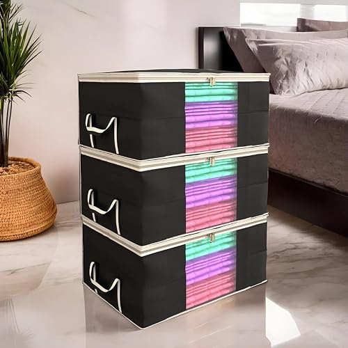 Kuber Industries Rectangular Leheriya Design Underbed Bag|Storage Organiser|Blanket Cover|Extra Large Size, Pack of 3 (Black)