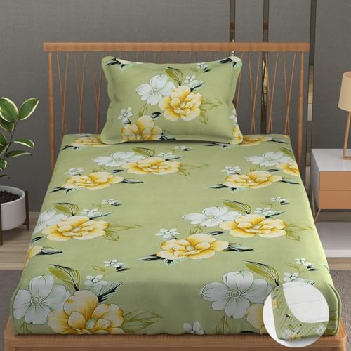Image of Premium Heavy Cotton Elastic Fitted Bedsheets with 1 King Size Pillow Covers | Single Bed with All Around Elastic 350 TC | 36 x 78 x 6 Inch Single Size Fitted | - Light Green