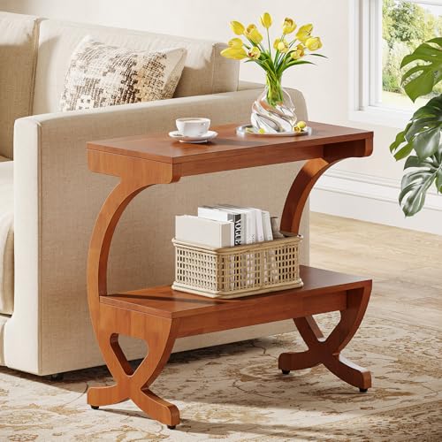 Image of Tribesigns Solid Wood End Table, Narrow 2-Tier Side Table with Storage Shelf, Mid Century Accent Bedside Table with Curved Crossed Legs for Living Room, Bedroom, Small Spaces, Walnut Color