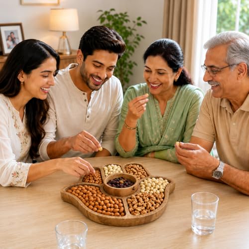 Image of The Earth Store Wooden Hand Platter with Bowl (11 Inch) - Snack Serving Tray for Fruits, Snacks, Desserts & Finger Food