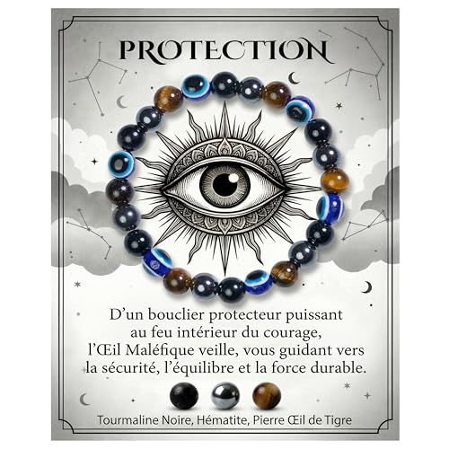 Bivei Bracelet à Motif Œil Maléfique, Bracelet Élastique 8MM avec Tourmaline Noire, Obsidienne & Œil de Tigre - Bracelet Pierre Naturelle Homme & Femme,...