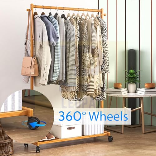 Image of LEOPAX Bamboo Rolling Coat Rack with 2 Side Hook Garment Rack with Shoe Storage Shelves for Entryway Living Room Bedroom Hallway - Do It Yourself - Beige Color - Size - (80 x 38 x 145cm)