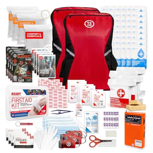 72 HRS Trousse de survie d'urgence robuste de 72 heures pour tremblement de terre, ouragan, tsunami, hiver, panne de courant – Comprend une trousse de premiers soins, eau, nourriture (rouge, 4 pers.)