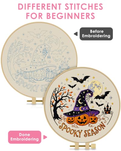 Image of TINDTOP Halloween Embroidery Kit for Adult, Embroidery DIY Starter Kit, with Stamped Patterns, Hoop, Tools, Colorful Threads with Needles, Instructions (Halloween A)