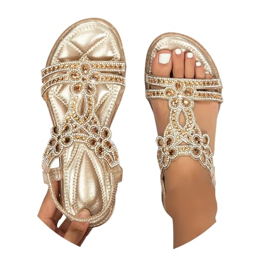 BIBOKAOKE Flache Sandalen Damen Große Größen Strass Bohemia T-Riemen...