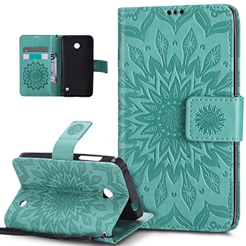 Coque Nokia Lumia 630,Etui Nokia Lumia 635,Embosser Gaufrage fleur soleil Housse Cuir PU Housse Etui Coque Portefeuille Protection supporter Flip Case Etui Housse Coque pour Nokia Lumia 630/635,Vert