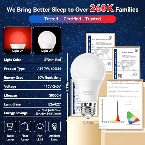Image of Neporal 670nm Red Light Bulb for Sleep, 100% Blue Light Blocking Bulb for Melatonin Promote, A19 7W 50W Deep Red LED Light Bulb for Lamp, Sleep, Read, Baby Nursery, 2Pack (White When Off, Red When on)