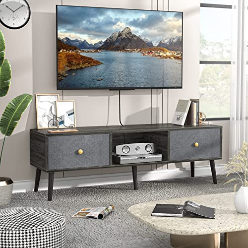 Unikito 55 Inch Tv Stand Up To 65‘’, Tv Cabinet With Power Outlet, Entertainment Center With Drawer Storage And Open Shelves, Media Console Table For Living Room Bedroom, Gray Oak Mid Century Tv Stand #TOP5