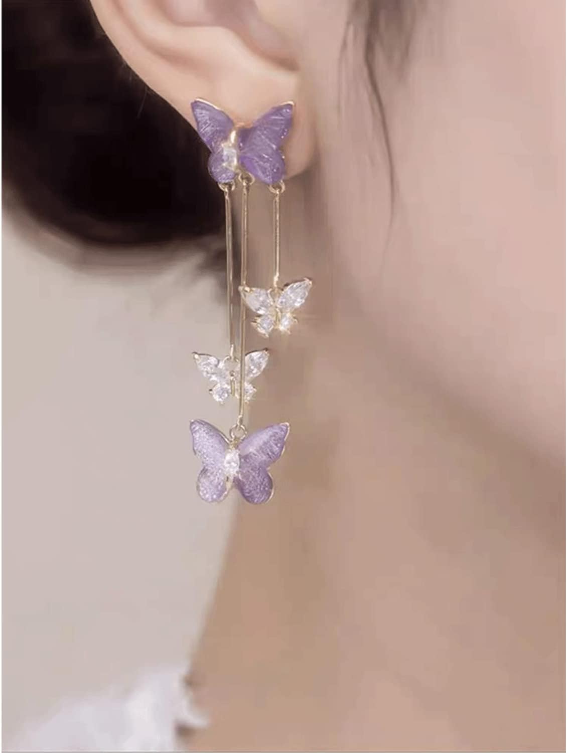 Purple Butterfly Tassel Style Zircon Earrings for Women 3D Long Butterfly Dangle Earrings Crystal Rhinestone Drop Earrings Butterfly Jewelry Birthday Gift for Women - Image 7