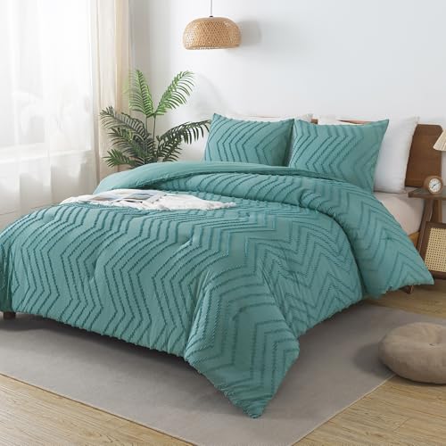 Image of Andency Grayish Teal Comforter Set Full Size, Boho Soft Warm Bedding Comforter Sets for Full Bed, 3 Pieces Vintage Chevron Tufted Aesthetic Comforter Set