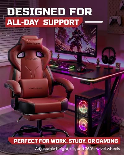 Image of GTPLAYER Gaming Chair for Adults, Ergonomic High Back Chair with Footrest | Big & Tall Computer Video Gaming Chair, Comfort Wide Seat with Lumbar Support for Big /Tall, Office /Home, Pu - Wine Red
