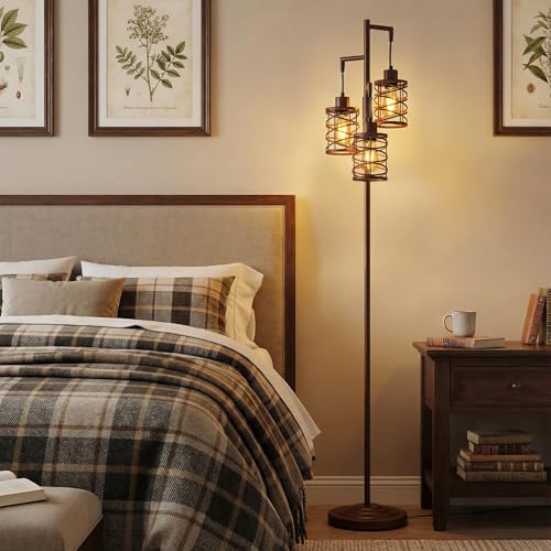 Image of Oneach 70 inch Industrial Floor Lamp, Stepless Dimmable Standing Lamp with 3 Bulbs, Farmhouse Corner Standing Tree Lamp for Living Room, Tall Lamps for Bedroom, Office, Study Room, Dining Room