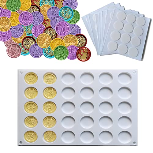 PORXFLY Molde de silicona de 30 cavidades para sello de cera y 96 puntos adhesivos transparentes de doble cara para sellar cera, manualidades, cartas, invitaciones de boda