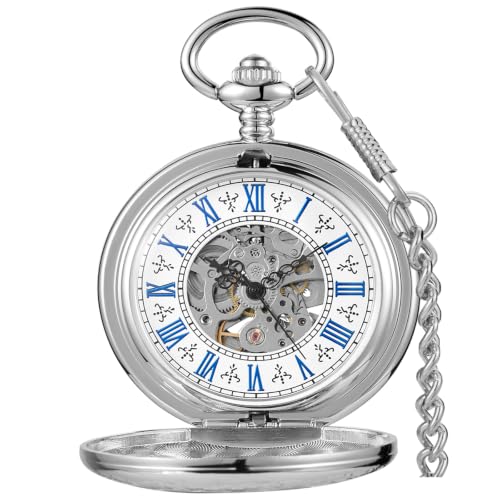 Image of Mens Pocket Watch Skeleton Mechanical Hand Winding Half Hunter Silver Black Golden Case Roman Numerals with Gift Box