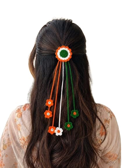 Handmade Crochet Tricolour Hair Rubber Band with Floral Tassels | Handmade Accessory, Independence Day Theme, Tricolour Flowers, Hair Tie with Tassels, Orange White Green-image-24