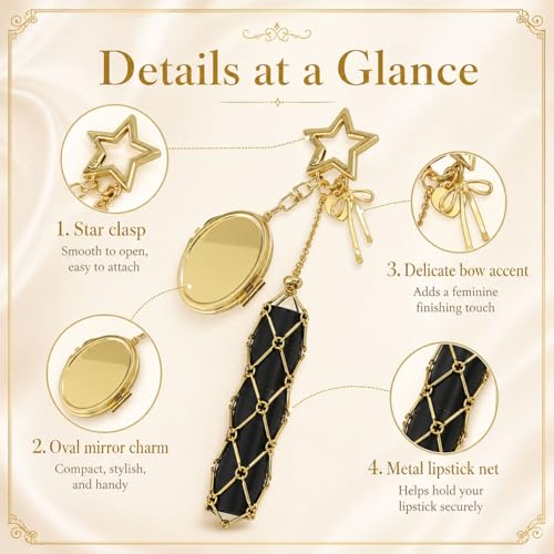 Image of BendJoy Lipstick Holder Keychain with Mirror | 2-in-1 Portable Lipstick & Mirror, Compact Design, Stylish Bag Charm Accessory Cute & Functional | Touch-Up Mirror | Lip Balm Holder | Durable Metal
