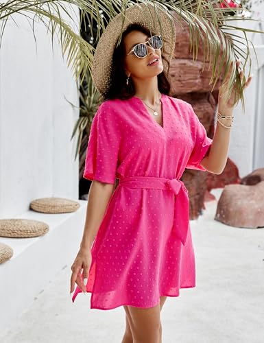Blooming Jelly Women Bathing Suit Cover Up V Neck Swimsuits Coverups with Waistband Summer Beach Dress Swimwear(L, Hot Pink45) - Image 2